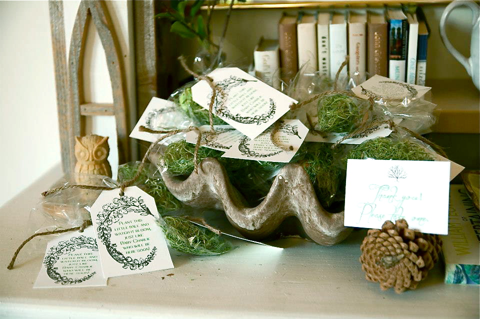 For the favors, we packaged up seed bombs with moss and sweet little tags, designed by Jessica!